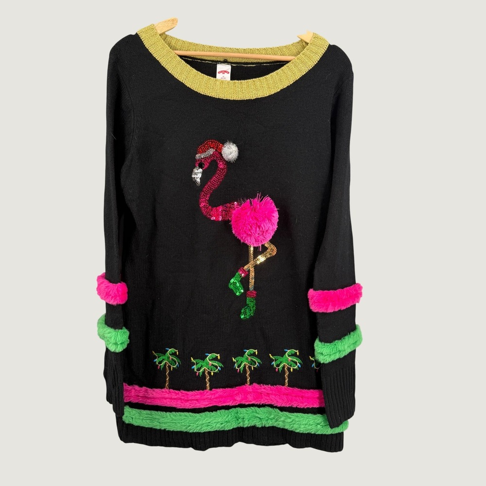 Flamingo Ugly Christmas Sweater Dress Holiday Time Size Medium Sequins Faux Fur